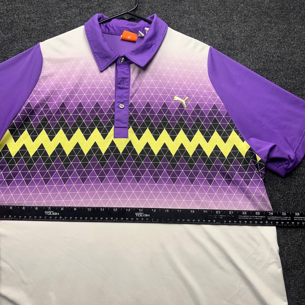 Puma Golf Polo Shirt Mens XL Purple White Geometric Zig Zag Sportlifestyle Logo - Picture 3 of 8